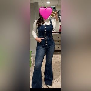 Button up, bellbottoms, jean jumpsuit